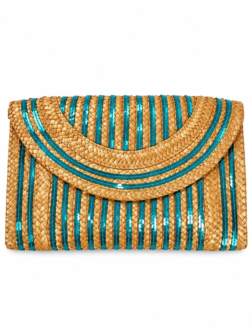 100% Wheat Braid Straw Boho Sequin Envelope Clutch Purse — Turquoise